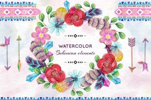Freebie : Watercolor Boho Feathers & Floral Elements